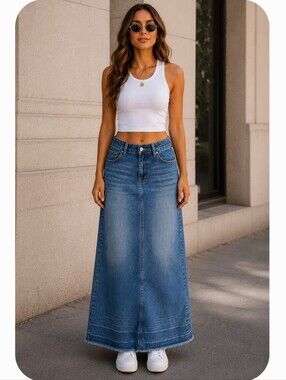 BE-GIRL Denim Maxi Skirt Size M Light Wash Raw Hem Y2K Casual